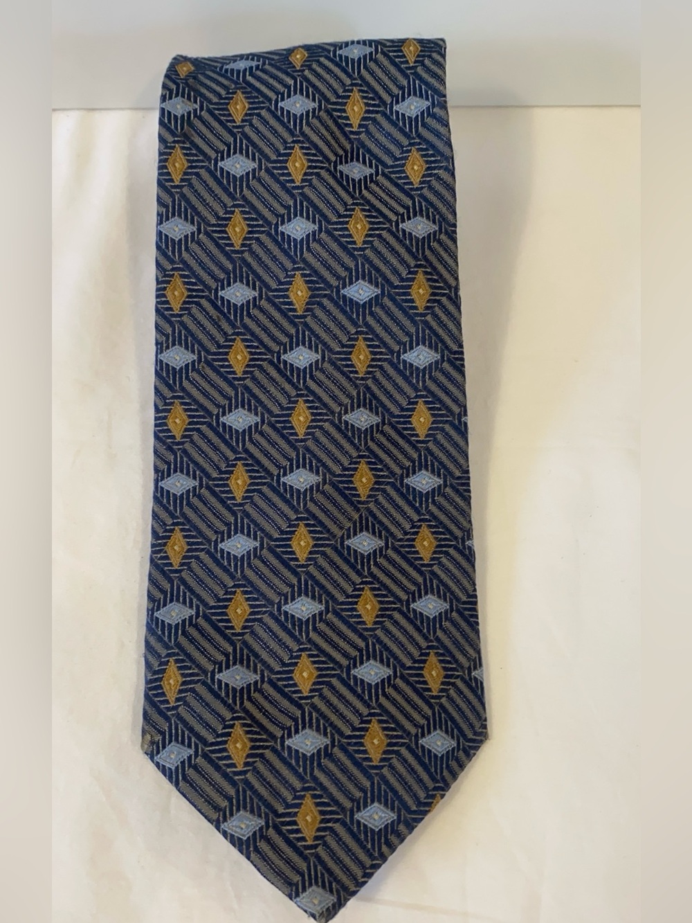 Harry Rosen 100% Italian Silk Blue Gold Geometric Pattern Tie Career Business